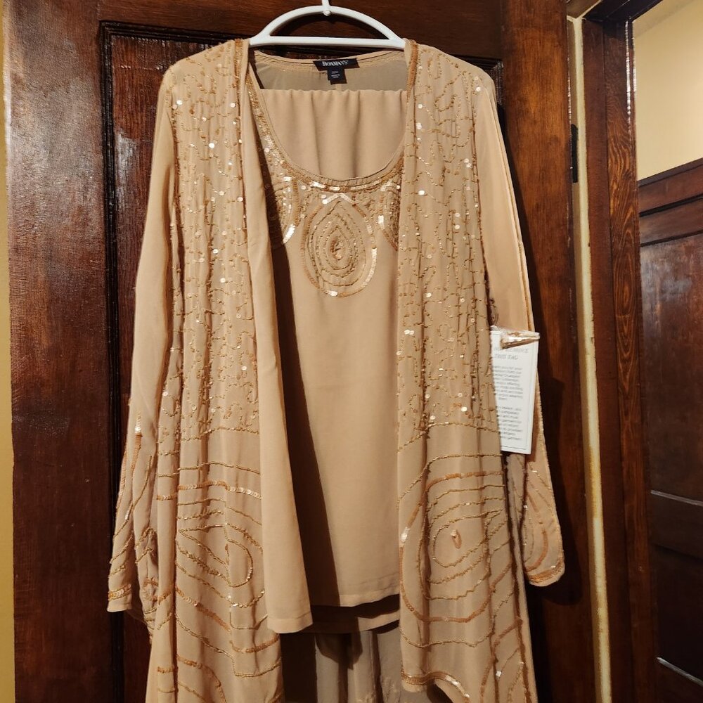 Roamans  three piece elegant sequin duster pant set.